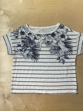 Joe Fresh Navy Floral Stripe Women's Tee Small (RB)